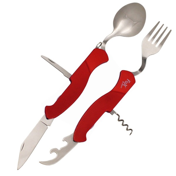 Fox Outdoor Taschenmesser Besteck, 6 in 1, rot, zerlegbar, Aluminium Schalen